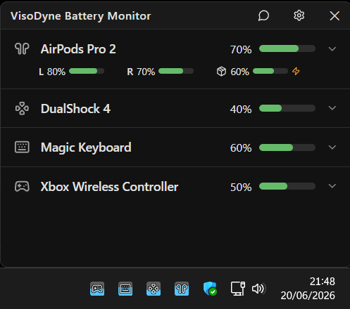 VisoDyne Battery Monitor showing live battery levels for wireless devices in the Windows system tray