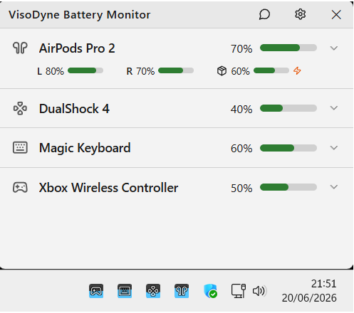 VisoDyne Battery Monitor showing live battery levels for wireless devices in the Windows system tray