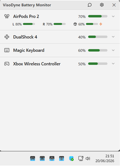 Bluetooth battery monitor for Windows showing AirPods and wireless device battery levels