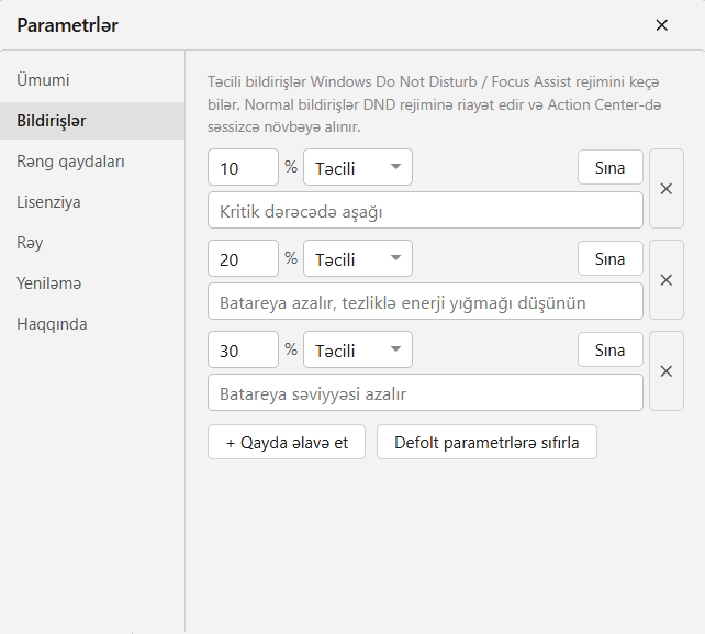 Az batareya bildirişləri