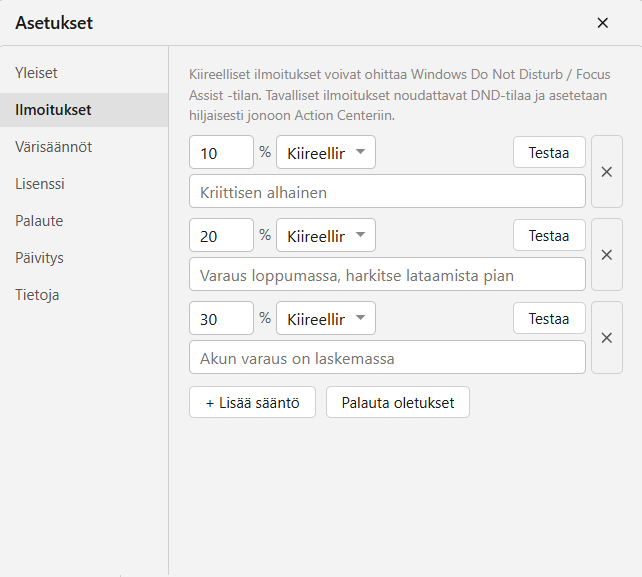 Ilmoitukset vähäisestä akun varauksesta