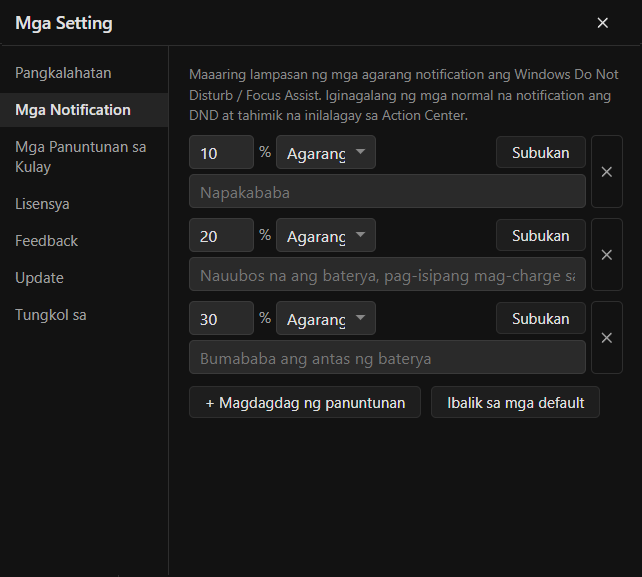 Mga notification kapag mahina na ang baterya