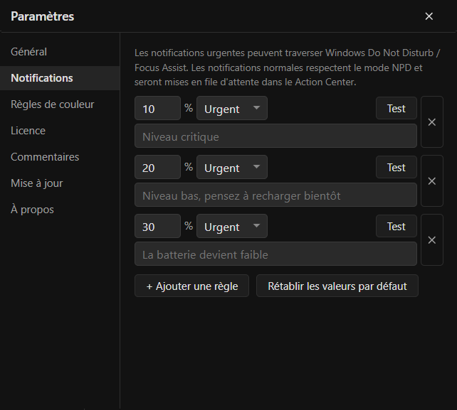 Notifications de batterie faible