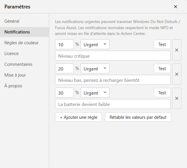 Notifications de batterie faible