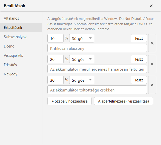 Értesítések alacsony töltöttség esetén