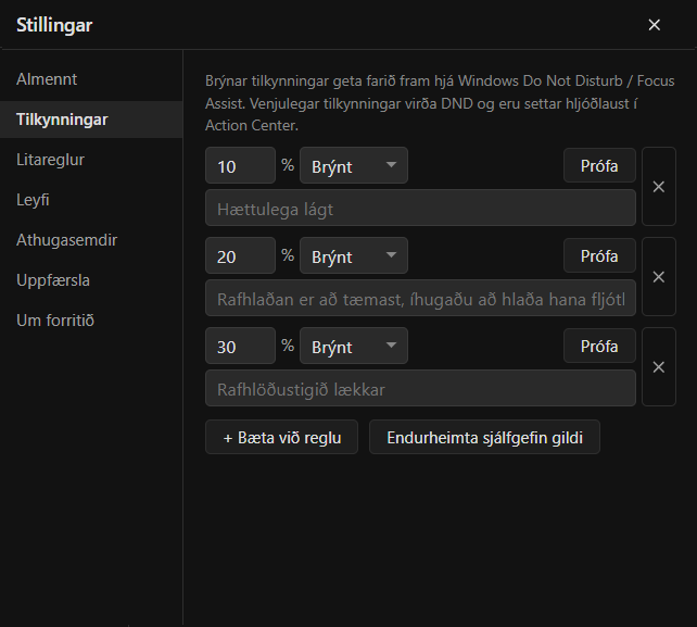 Tilkynningar um litla hleðslu
