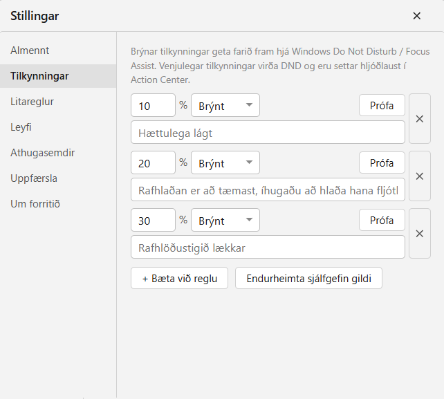 Tilkynningar um litla hleðslu