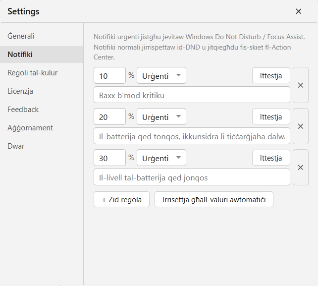 Notifiki meta l-batterija tkun baxxa