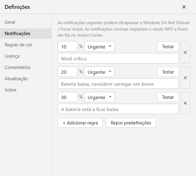 Notificações de bateria fraca