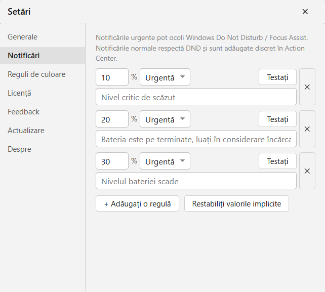 Notificări pentru baterie descărcată