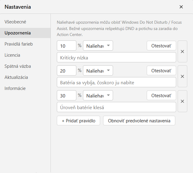 Upozornenia na nízku úroveň batérie