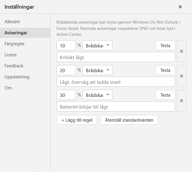 Aviseringar om låg batterinivå